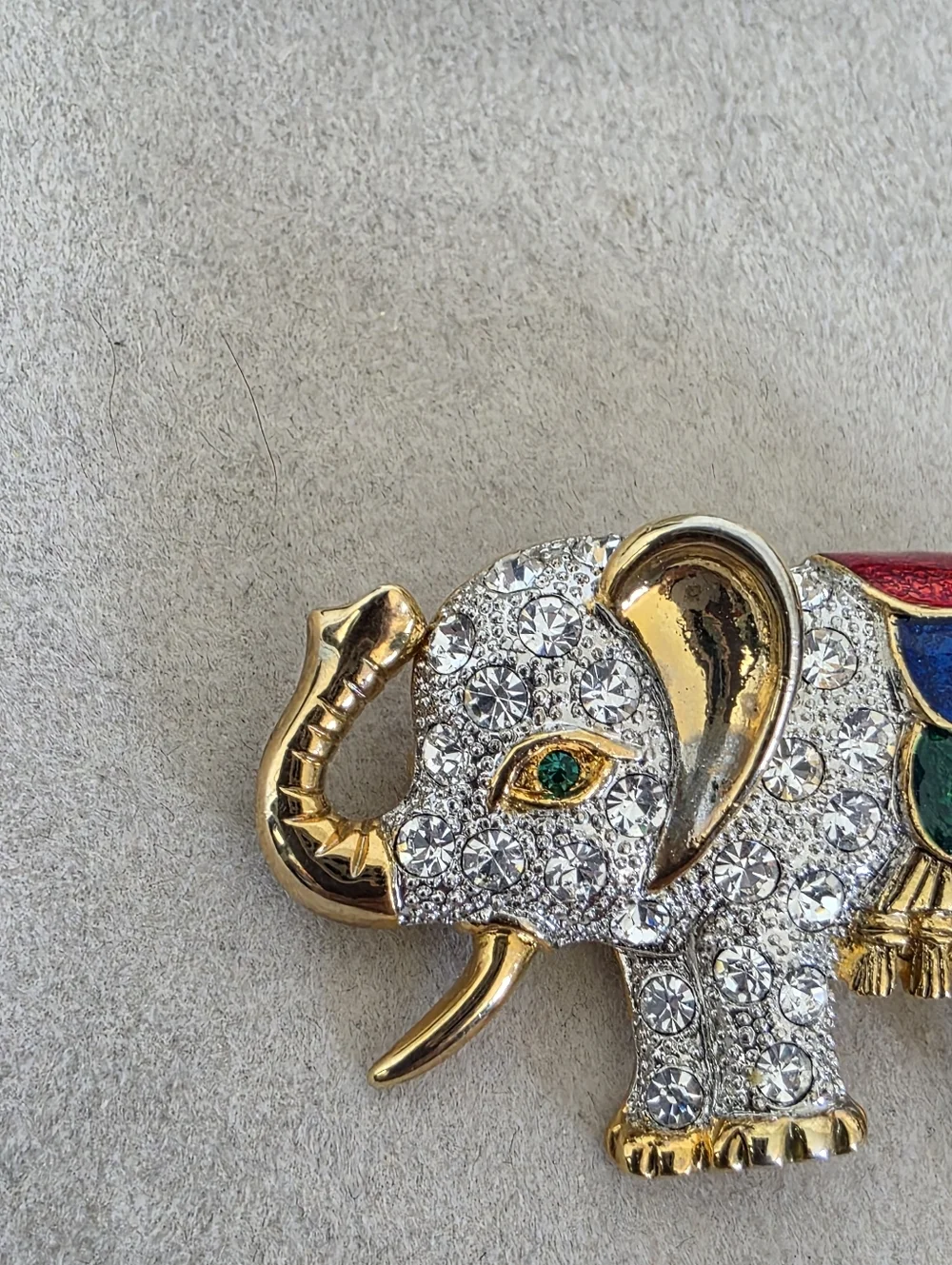 Vintage 80s Gold Elephant Brooch Pin with Enamel And Rhinestones